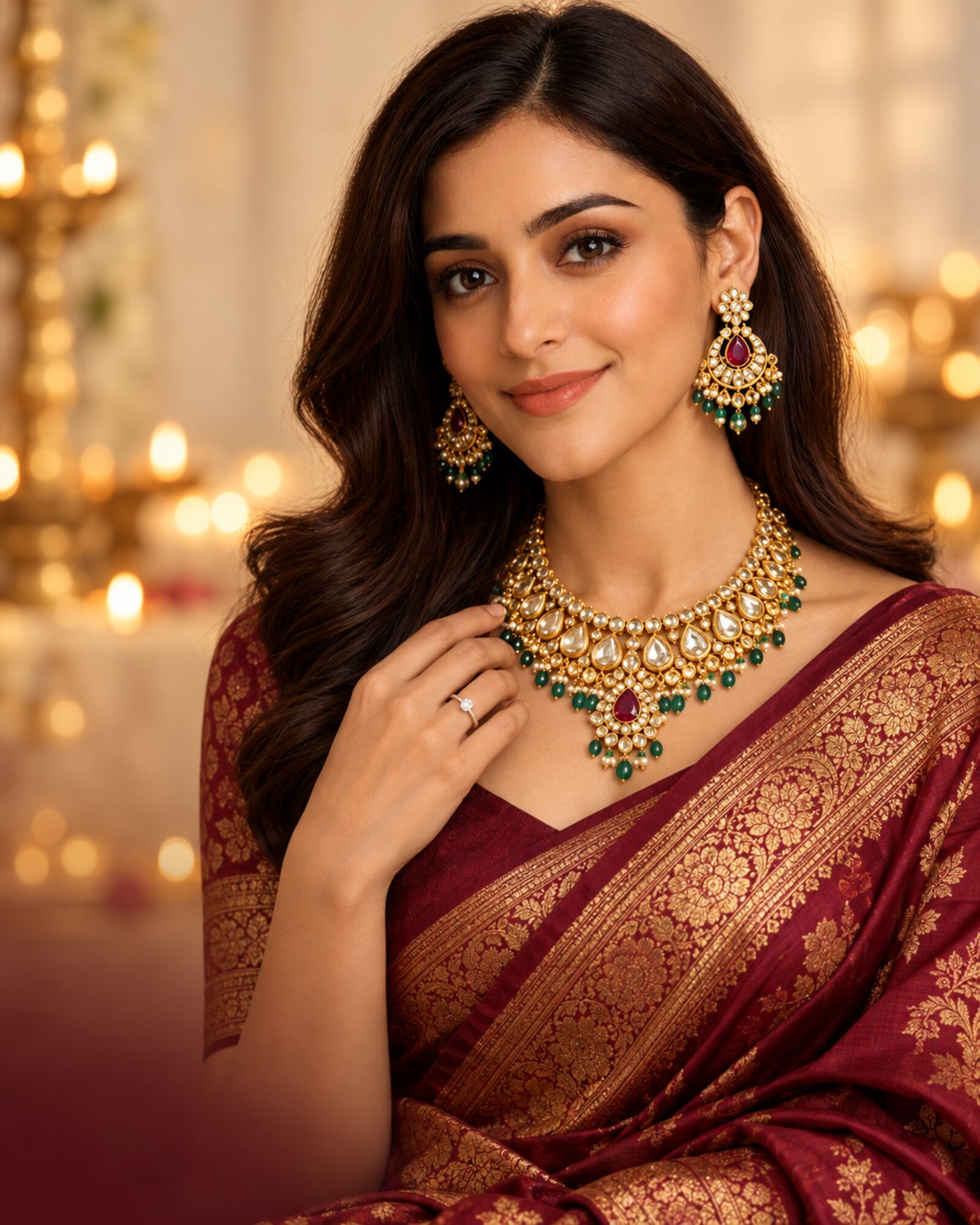 Woman wearing a diamond solitaire ring and pearl necklace from Rawat Gems & Jewellers